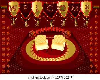  Welcome banner in Gujarat art kitsch style of India.Indian wedding Invitation card.