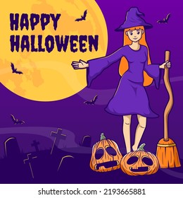 Welcome banner halloween, cute witch cartoon illustration