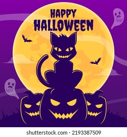 Welcome banner halloween, Scary cat sitting on pumpkin cartoon illustration