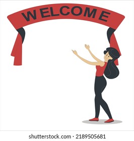 Welcome banner and happy visitors coming to open air event. woman welcome gesture inviting new customer. Minimal stylized art style