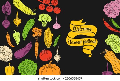 Welcome banner Harvest Festival with cartoon vegetables background. Farming advertisement poster template card with healthy diet food. Organic cooking poster tape design, farm product veggies vector