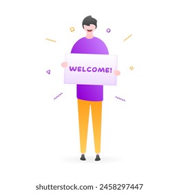 Welcome banner icon. Man with Welcome sign. Flat style. Vector icon