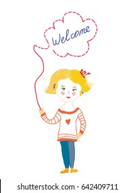 Welcome banner with kid and frame for school or kindergarten, vector graphic illustration