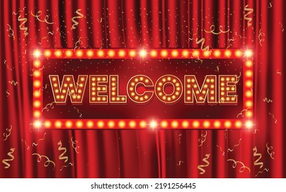 Welcome banner. Welcome neon retro 3d classic banner on red curtains background realistic vector