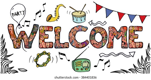 Welcome banner. People crowd alphabet vector font. Isolated background, poster design. Hand drawn vector illustration in cartoon style