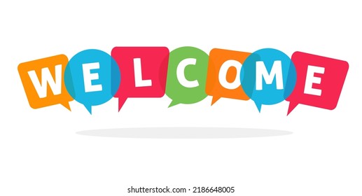 Welcome banner sign blue red green bubbles vector for kids or child funny cute poster graphic illustration with text cartoon illustration colorful modern design