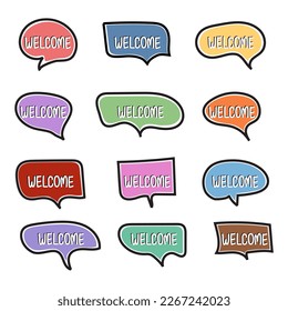 Banner de bienvenida, burbuja de habla, afiche y pegatina, estilo a mano alzada con texto de bienvenida. Bienvenida de texto de icono, nube de habla para señal, afiche, web. Fondo blanco.