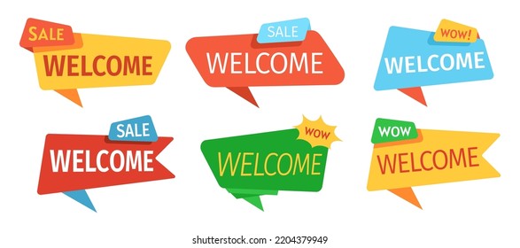 Welcome banner tag template set. Advertising offer discount sale sign banner, promotion background. Super sale, discount mockup collection. Isolated vector illustration