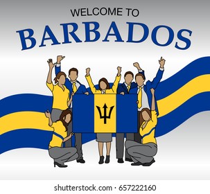 Welcome to Barbados. Group of people dressed in the colors of the Barbados flag, waving with hands and holding the flag - Vector image