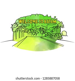 Welcome to Batam outline drawing. Hand-drawn vector illustration. Famous travel destinations series.