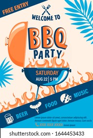 Welcome BBQ party flyer.Summer Barbecue weekend cookout event with beer,food,music.Design template for menu,poster,welcome banner, announcement.Cooking outdoor.Vector illustration.