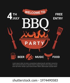 Welcome BBQ party flyer.Summer Barbecue weekend cookout event with beer,food,music.Design template for barbeque menu,poster,invitation banner, announcement.Cooking outdoor.Vector illustration.