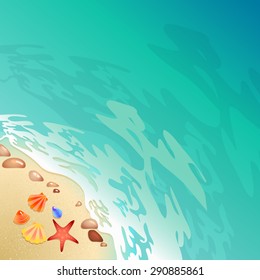 Welcome to the beach Calligraphy poster. Promo travel illustration. The strip of land along the sea coast with shells and seething foam.