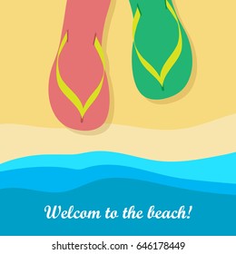 Welcome to beach. Pair of colorful flip flops on the sand near the sea. Summer rubber casual shoes slippers. Sandals icon. Traveling vacation banner poster. Footwear for rest. Flat style. Vector