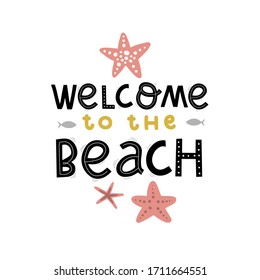 welcome to the beach sticker, fish and starfish, lettering hand drawing calligraphy, vector 