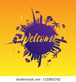 welcome, beautiful greeting card background or banner with city and travel theme. vector