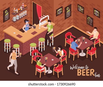 Welcome to beer bar isometric background with bartender and visitors sitting at tables and drinking beer vector illustration