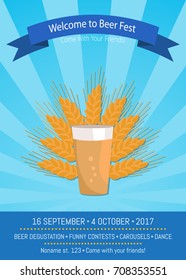 Welcome to beer fest! 2017 come with your friends, promo poster of oktoberfest depicting pint of pale ale and ear of wheat vector illustration