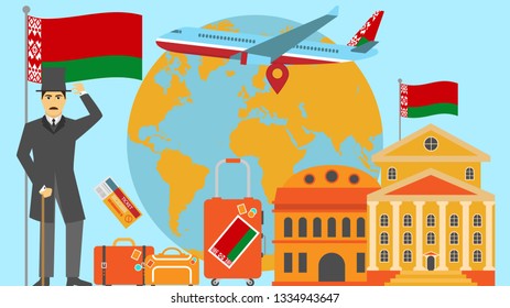 Welcome to Belarus postcard. Travel and safari concept of Europe world map vector illustration with national flag