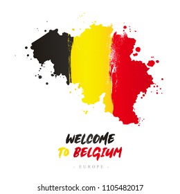 Welcome to Belgium. Europe. Flag and map of the country of Belgium from brush strokes. Lettering. Vector illustration on white background.