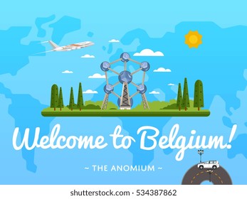 Welcome to Belgium poster with famous attraction vector illustration. Travel design with futuristic modern building. Famous architectural landmark, worldwide traveling concept, tourist agency banner