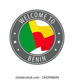 Welcome to Benin. Gray stamp with a waving country flag. Collection of welcome icons.