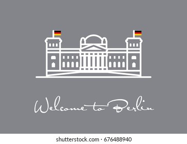 Bienvenido a la ilustración del vector de tarjetas de felicitación de Berlín con el icono de línea Reichstag.