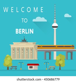 Welcome to Berlin - Travel Germany famous landmarks skyline. Brandenburg Gate and TV tower. Vector illustration