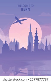 Welcome to Bern, Switzerland. Gradient city poster, card with shapes of skyline, waterfront and airplane. Europe townscape travel vector illustration, print, graphic