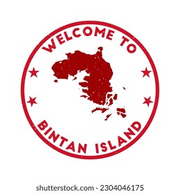 Welcome to Bintan Island stamp. Grunge round stamp with texture in Super Rose Red color theme. Vintage style geometric Bintan Island seal. Elegant vector illustration.