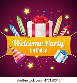 Welcome Birthday Card with Rockets and Gift Box. Vector illustration