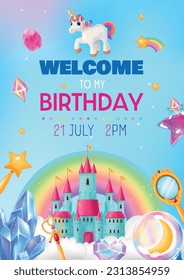 Welcome to birthday invitation card decorated with fantasy magic cartoon objects realistic vector illustration