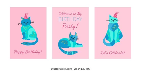 Welcome to birthday party cards set. Postcard with hand drawn cartoon cats childish set. Cute kitten with ornament. Modern pet funny animal design for kids. Invitation poster cats vector illustration