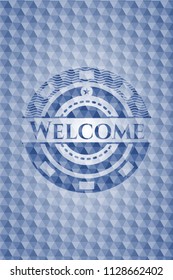 Welcome blue badge with geometric pattern.