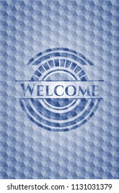 Welcome blue badge with geometric pattern.