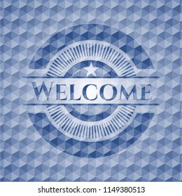 Welcome blue badge with geometric pattern.