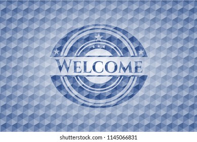 Welcome blue emblem or badge with abstract geometric pattern background.
