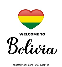 Bienvenidos a Bolivia con una bandera nacional en forma de corazón aislada en fondo blanco. Plantilla vectorial para tipografía afiche, postal, banner, volante, pegatina, camiseta, etc. 