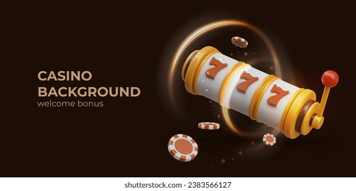 Welcome bonuses in casino, first deposit. Big win concept, triple sevens. Realistic slot machine, chips, stars. Horizontal concept on black background, place for text