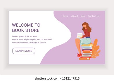 Welcome to book store landing page vector template. Bookshop website interface idea with flat illustrations. Library homepage layout. Reader sit on stack of tomes web banner, webpage cartoon concept