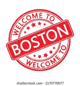 Welcome to Boston. Impression of a round stamp with a scuff. Flat style