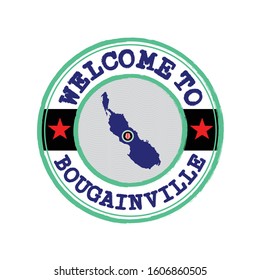 ‪Vector stamp‬ of welcome to Bougainville with map outline of the country in center. 