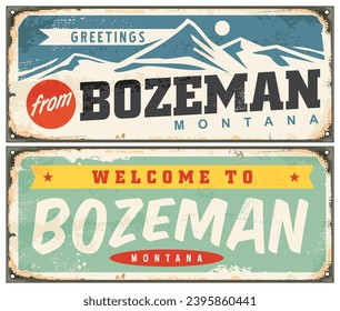 Bienvenido a Bozeman Montana. Señales de viaje vintage y souvenires de Estados Unidos. Lugares y ciudades ilustraciones vectoriales. 