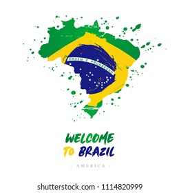 Welcome to Brazil. America. Flag and map of the country of Brazil from brush strokes.
Lettering. Vector illustration on white background.
