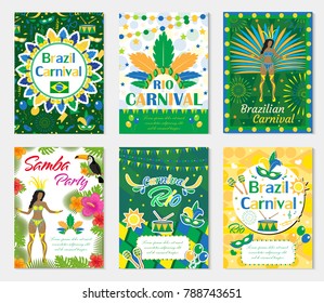 Welcome Brazil carnival set poster, invitation. Collection templates for your design with  mask, hat, feathers. Brazilian Festival, Masquerade background. Rio de Janeiro Travel concept. Vector