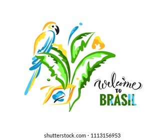 Welcome to Brazil colorful banner with parrot and palm leaves. Bright brazilian national colors. Travel concept. Vector illustration