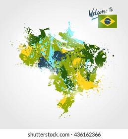 Welcome To Brazil. Colorful Brazil Map With  Flag And Paint/ink Splashes. Welcome To Inscription. Vector Illustration