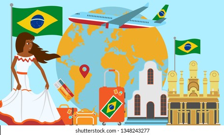 Welcome to Brazil postcard. Travel and journey concept of Latinos country vector illustration with national flag of Brazil