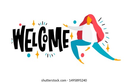 Welcome. Bright colored letters slogan. Cartoon saying brush lettering. Colourful lettering for party poster concept, banner. Isolated calligraphy poster. Stylish vector flat illustration.