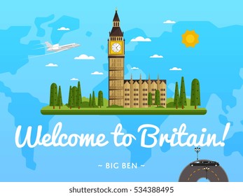 Welcome to Britain invitation. Poster with famous Big Ben tower London attraction. Vector british architectural landmark. Travelling banner with welcome to England offer. World travel and tourism
